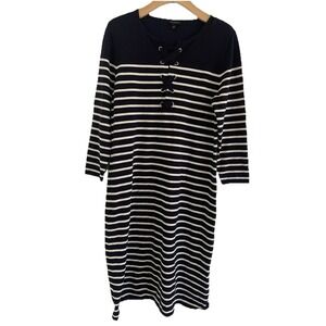 Talbots‎ Navy White Striped Lace Up Neck Knit Dress Size Medium